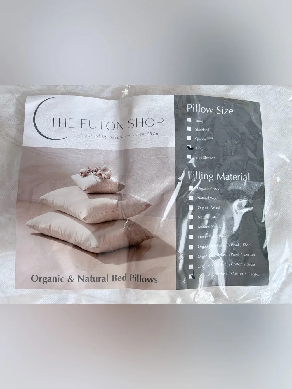 The Futon Shop Organic Cotton Buckwheat King Pillow 20x36 USA New In Case